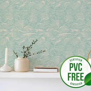 Light blue wave self-adhesive wallpaper | Retro Peel and Stick wallpaper or Unpasted wallpaper - PVC-Free | Waves Removable wallpaper