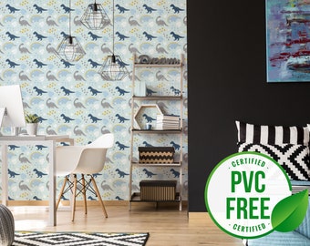 Blue dinosaur wallpaper | Removable Peel and Stick wallpaper or Unpasted wallpaper - PVC-Free | Boho Boys Self-adhesive wallpaper