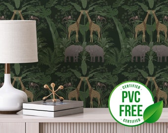 Dark Green tropical wallpaper | Removable Peel and Stick wallpaper or Unpasted wallpaper - PVC-Free | Animal Jungle Self-adhesive wallpaper