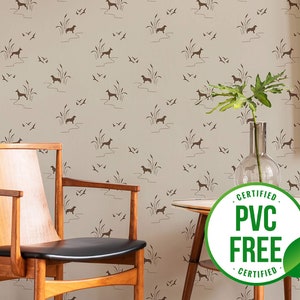 Neutral hunting dog wallpaper | Removable Peel and Stick wallpaper or Unpasted wallpaper - PVC-Free | Minimal Leaf Self-adhesive wallpaper