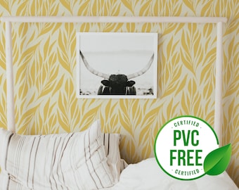 Yellow leaves wallpaper | Removable Peel and Stick wallpaper or Unpasted wallpaper - PVC-Free | Boho Scandi Self-adhesive wallpaper