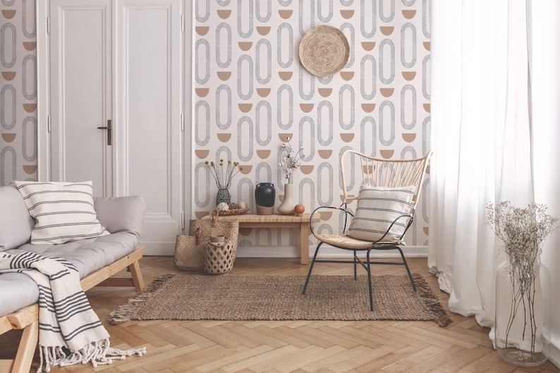 Abstract boho circles self-adhesive wallpaper | Removable Peel and Stick wallpaper or Unpasted wallpaper - PVC-Free image 2