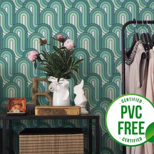 Green retro wallpaper | Removable Peel and Stick wallpaper or Unpasted wallpaper - PVC-Free | Geometric Wave Self-adhesive wallpaper