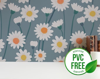 Blue bold daisy wallpaper | Removable Peel and Stick wallpaper or Unpasted wallpaper - PVC-Free | Meadow Floral Self-adhesive wallpaper