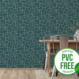 Smaragdgrüne Labyrinth-Tapete | Ablösbare Tapete oder ungeklebte Tapete - PVC-Frei | Geometrische Selbstklebende Tapete