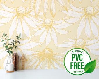 Yellow vintage daisies wallpaper | Removable Peel and Stick wallpaper or Unpasted wallpaper - PVC-Free | Floral Self-adhesive wallpaper