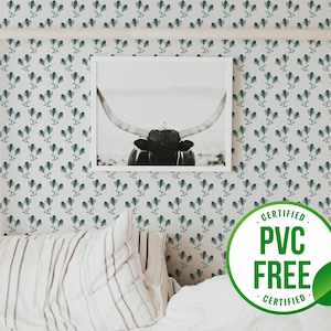 Teal Scandinavian wallpaper | Removable Peel and Stick wallpaper or Unpasted wallpaper - PVC-Free | Floral Minimal Self-adhesive wallpaper