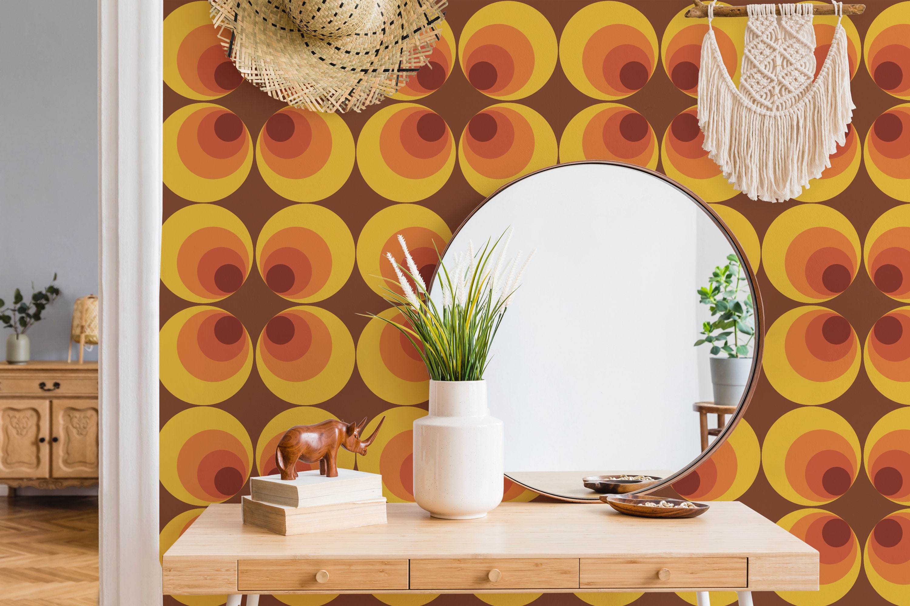 Orange retro peel and stick wallpaper Retro circle Etsy