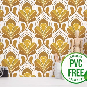 Yellow retro wallpaper | Removable Peel and Stick wallpaper or Unpasted wallpaper - PVC-Free | Ornamental Vintage Self-adhesive wallpaper