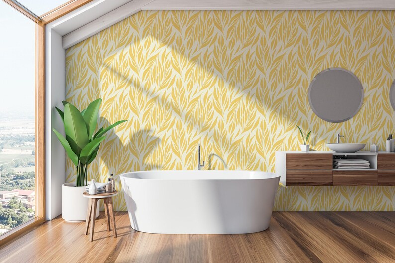 Yellow leaves wallpaper | Removable Peel and Stick wallpaper or Unpasted wallpaper - PVC-Free | Boho Scandi Self-adhesive wallpaper image 7