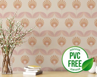 Pink retro flower wallpaper | Removable Peel and Stick wallpaper or Unpasted wallpaper - PVC-Free | Geometric Line Self-adhesive wallpaper