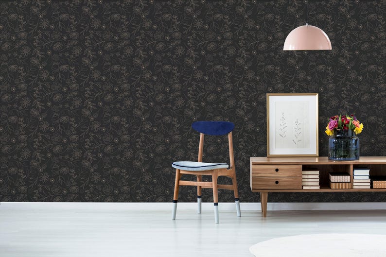 Black and beige floral wallpaper | Removable Peel and Stick wallpaper or Unpasted wallpaper - PVC-Free | Bold Self-adhesive wallpaper image 9