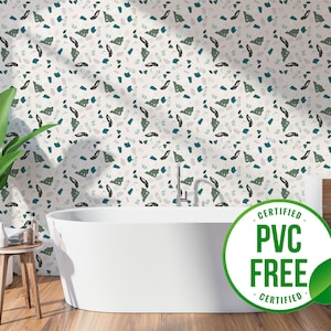 Green terrazzo wallpaper | Removable Peel and Stick wallpaper or Unpasted wallpaper - PVC-Free | Coastal Backsplash Self-adhesive wallpaper