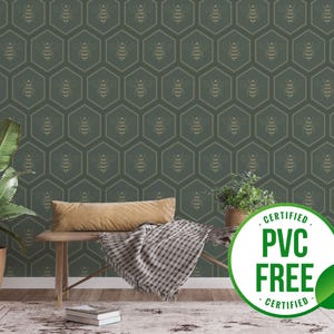 Grüne Bienen Tapete | Ablösbare Tapete oder ungeklebte Tapete - PVC-Frei | Bold Hexagon Selbstklebende Tapete