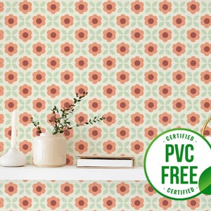 Orange retro Blumen Tapete | Ablösbare Tapete oder ungeklebte Tapete - PVC-Frei | Gitter Blätter Selbstklebende Tapete
