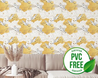 Yellow chinoiserie wallpaper | Removable Peel and Stick wallpaper or Unpasted wallpaper - PVC-Free | Bird Leaf Self-adhesive wallpaper