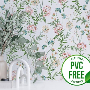 Pink and green floral wallpaper | Removable Peel and Stick wallpaper or Unpasted wallpaper - PVC-Free | Summer Self-adhesive wallpaper