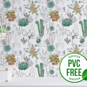 Carta da parati floreale verde / Carta da parati rimovibile Peel and Stick o Carta da parati non incollata - Senza PVC / Carta da parati autoadesiva Line Art Cactus