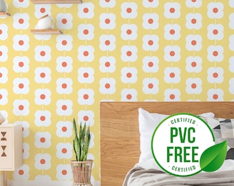 Yellow retro flowers wallpaper | Removable Peel and Stick wallpaper or Unpasted wallpaper - PVC-Free | Stripe Bold Self-adhesive wallpaper