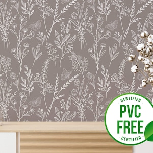Neutrale Blumenwiese Tapete | Ablösbare Tapete oder ungeklebte Tapete - PVC-Frei | Line Art Selbstklebende Tapete