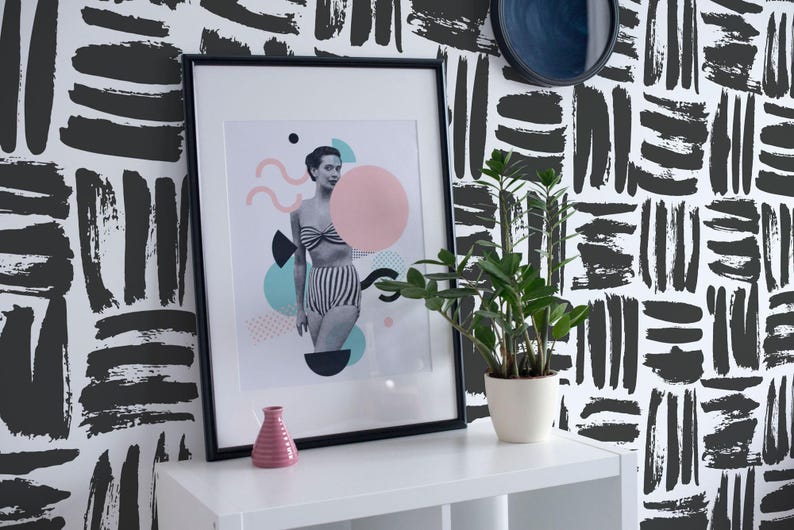 Brushstroke wallpaper | Brush stroke peel and stick wallpaper or Unpasted - PVC-free | Black & White removable wallpaper | Rustic Wall Décor image 8