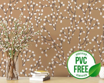 Beige willow wallpaper | Removable Peel and Stick wallpaper or Unpasted wallpaper - PVC-Free | Spring Easter Self-adhesive wallpaper