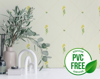 Yellow vintage scandinavian wallpaper | Removable Peel and Stick wallpaper or Unpasted wallpaper - PVC-Free | Floral Self-adhesive wallpaper