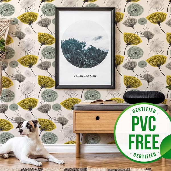 Mid-century self-adhesive wallpaper | Dandelion Peel and Stick wallpaper or Unpasted wallpaper - PVC-Free | Floral removable wallpaper