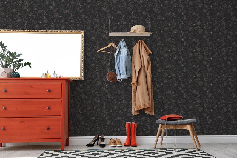 Black and beige floral wallpaper | Removable Peel and Stick wallpaper or Unpasted wallpaper - PVC-Free | Bold Self-adhesive wallpaper image 8