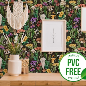 Carta da parati con giardino di funghi verdi / Carta da parati rimovibile Peel and Stick o Carta da parati non incollata - Senza PVC / Carta da parati autoadesiva con motivi floreali audaci