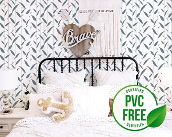 Blue leaf line wallpaper | Removable Peel and Stick wallpaper or Unpasted wallpaper - PVC-Free | Farmhouse Striped Self-adhesive wallpaper