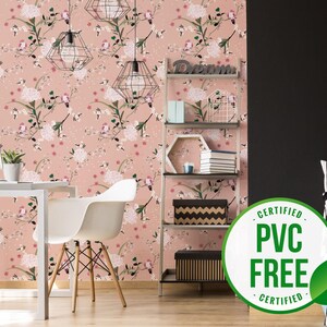 Pink and white spring bird wallpaper | Removable Peel and Stick wallpaper or Unpasted wallpaper - PVC-Free