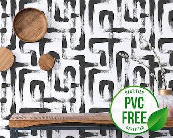 Black and white self-adhesive wallpaper | Brush Stroke Peel and Stick wallpaper or Unpasted wallpaper - PVC-Free | Bold Removable wallpaper