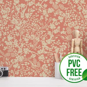 Rote und beige botanische Tapete | Ablösbare Tapete oder ungeklebte Tapete - PVC-Frei | Vintage Selbstklebende Tapete