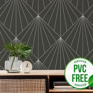 Schwarze Art Deco Sonnenstrahlen Tapete | Ablösbare Tapete oder ungeklebte Tapete - PVC-Frei | Geometrische Selbstklebende Tapete