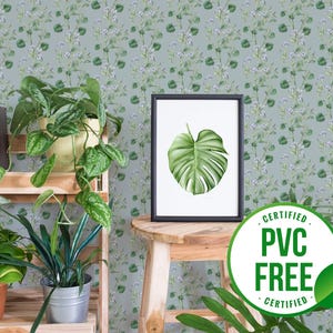 Grüne handgezeichnete Blumen Tapete | Ablösbare Tapete oder ungeklebte Tapete - PVC-Frei | Blatt Selbstklebende Tapete