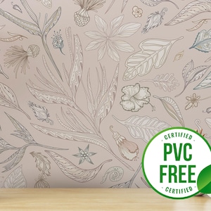 Neutral floral wallpaper | Removable Peel and Stick wallpaper or Unpasted wallpaper - PVC-Free | Leaf Vintage Self-adhesive wallpaper