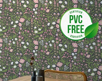 Dark Green and brown floral wallpaper | Removable Peel and Stick wallpaper or Unpasted wallpaper - PVC-Free |  Self-adhesive wallpaper