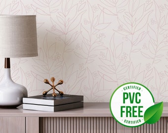 Pink floral wallpaper | Removable Peel and Stick wallpaper or Unpasted wallpaper - PVC-Free | Nursery Line Art Self-adhesive wallpaper