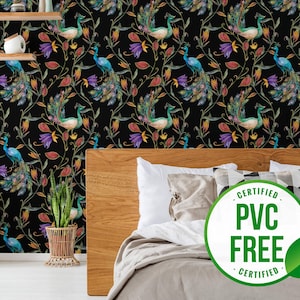 Peacock wallpaper | Dark Removable Peel and Stick wallpaper or Unpasted wallpaper - PVC-Free | Bird Self-adhesive wallpaper