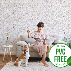 Red delicate floral wallpaper | Removable Peel and Stick wallpaper or Unpasted wallpaper - PVC-Free | Minimal Self-adhesive wallpaper