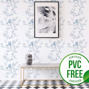 Blue floral Self-adhesive wallpaper | Bird Removable Peel and Stick wallpaper or Unpasted wallpaper - PVC-Free