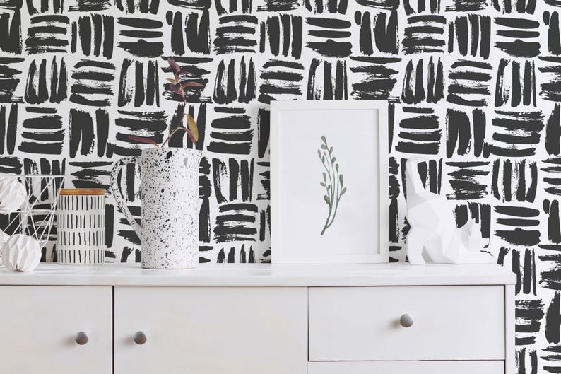 Brushstroke wallpaper | Brush stroke peel and stick wallpaper or Unpasted - PVC-free | Black & White removable wallpaper | Rustic Wall Décor image 6