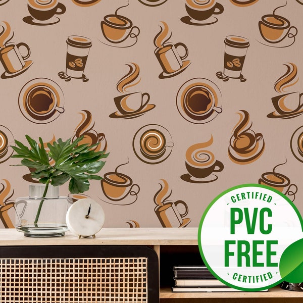 Brown cafe wallpaper | Removable Peel and Stick wallpaper or Unpasted wallpaper - PVC-Free | Coffee Bar Self-adhesive wallpaper