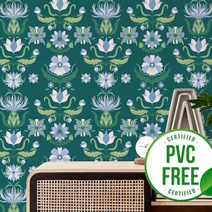 Green bold art nouveau wallpaper | Removable Peel and Stick wallpaper or Unpasted wallpaper - PVC-Free | Floral Self-adhesive wallpaper
