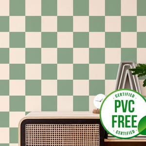 Salbeigrüne karierte Tapete | Ablösbare Tapete oder ungeklebte Tapete - PVC-Frei | Geometrische Selbstklebende Tapete