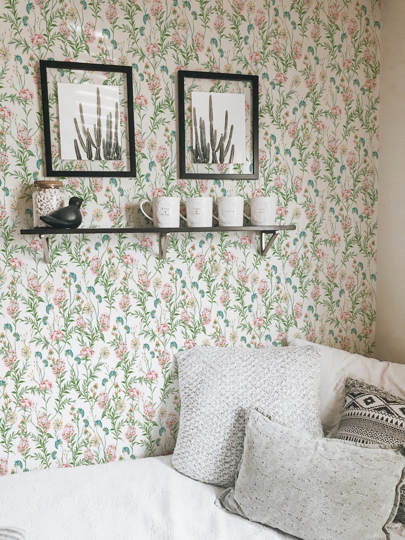 Pink and Green Floral Wallpaper Removable Peel and Stick Etsy