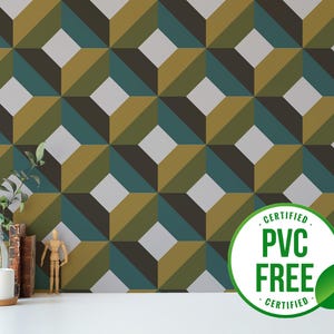 Green vintage wallpaper | Removable Peel and Stick wallpaper or Unpasted wallpaper - PVC-Free | Geometric Dark Self-adhesive wallpaper