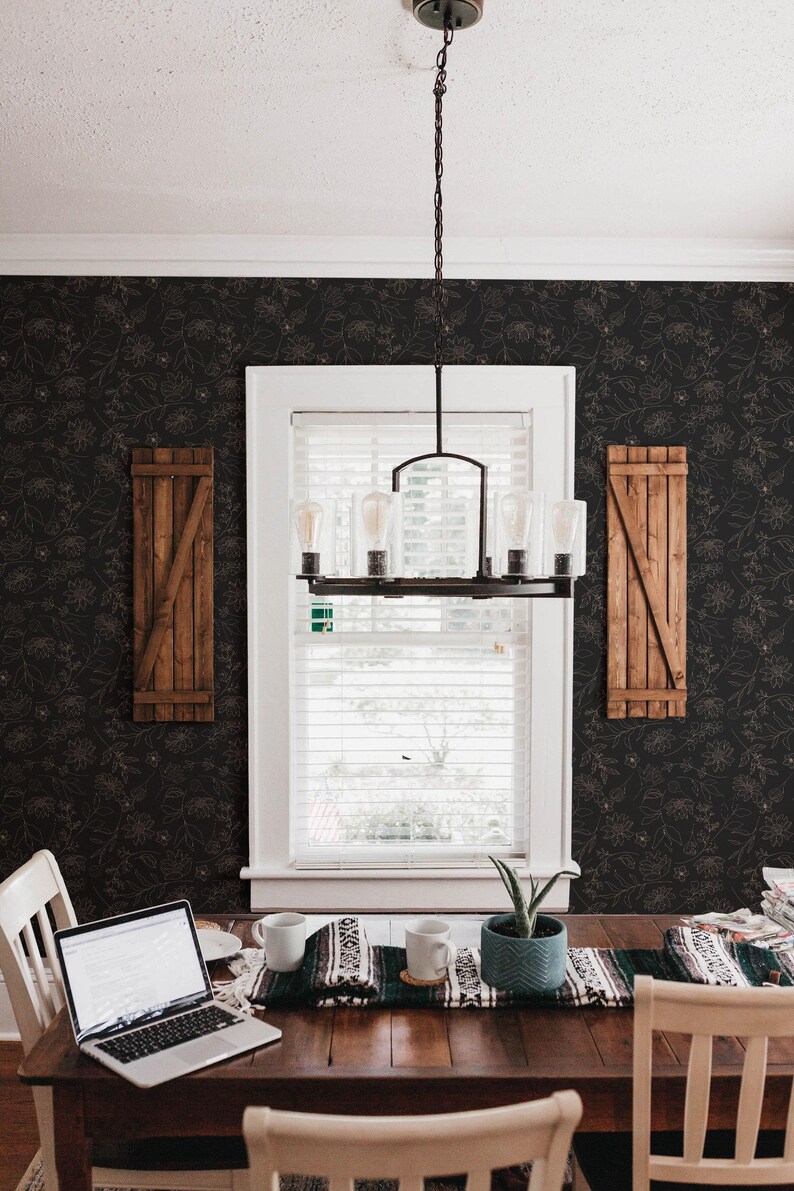 Black and beige floral wallpaper | Removable Peel and Stick wallpaper or Unpasted wallpaper - PVC-Free | Bold Self-adhesive wallpaper image 6