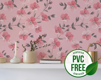 Pink floral wallpaper | Seamless Removable Peel and Stick wallpaper or Unpasted wallpaper - PVC-Free | Floral Self-adhesive wallpaper